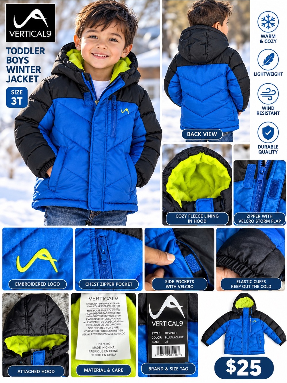 Toddler Boys Blue & Black Winter Jacket